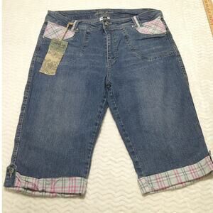 Apollo Jeans Women's Size 17/18 Blue Denim Capris Plaid Trim Pockets Cuffed NWT